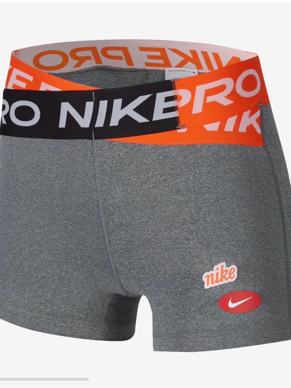 Nike Pro Icon Clash Shorts Gray 3” with Orange and Black Branded Waistband